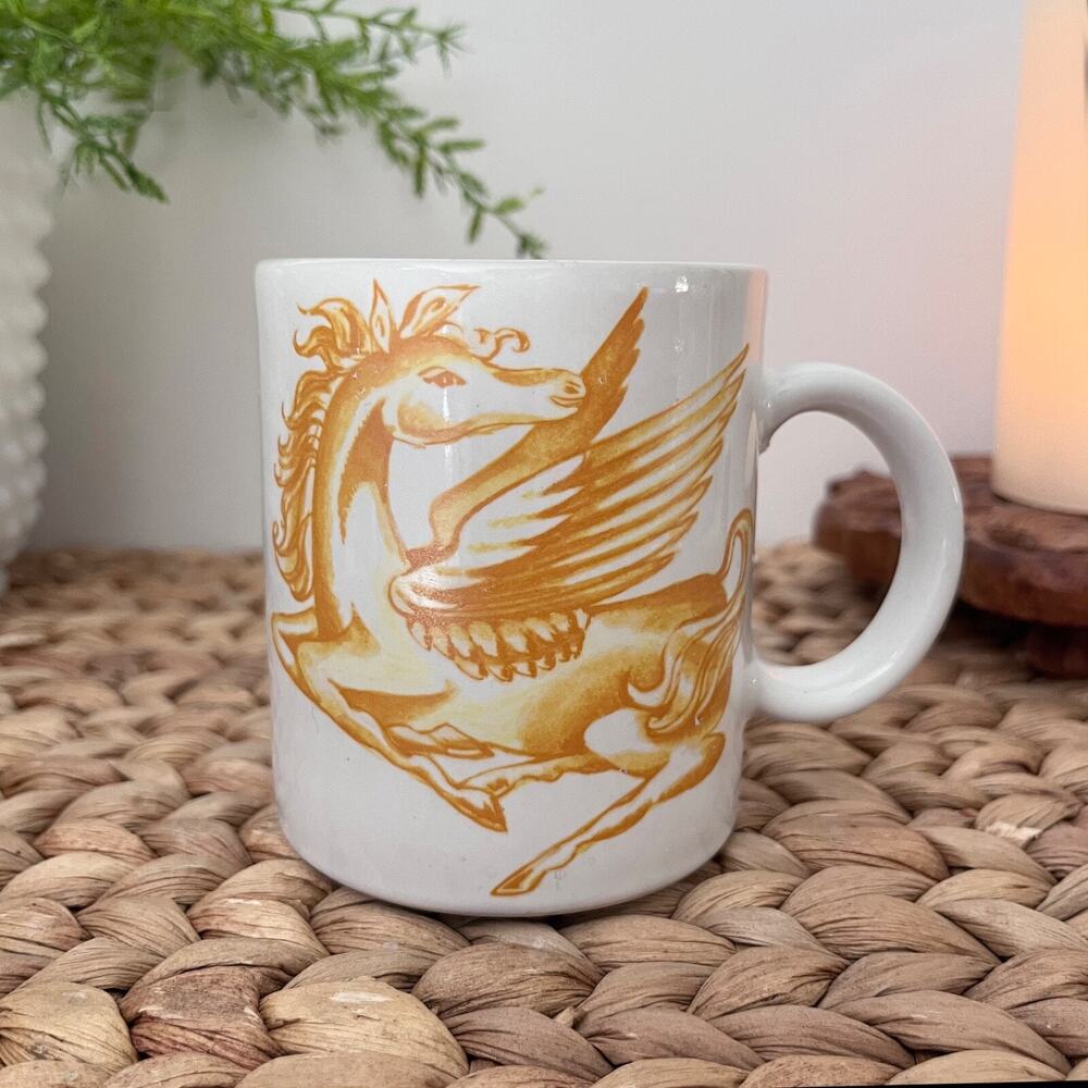 Mystical Pegasus Horse Mug Japan 8 oz. Capacity Gold Or Tan On White VTG Wings